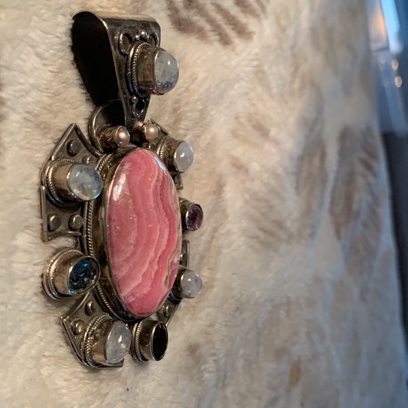 Pink Rhodochrosite, moon opal, amethyst sterling silver extra large pendant - Picture 3 of 6